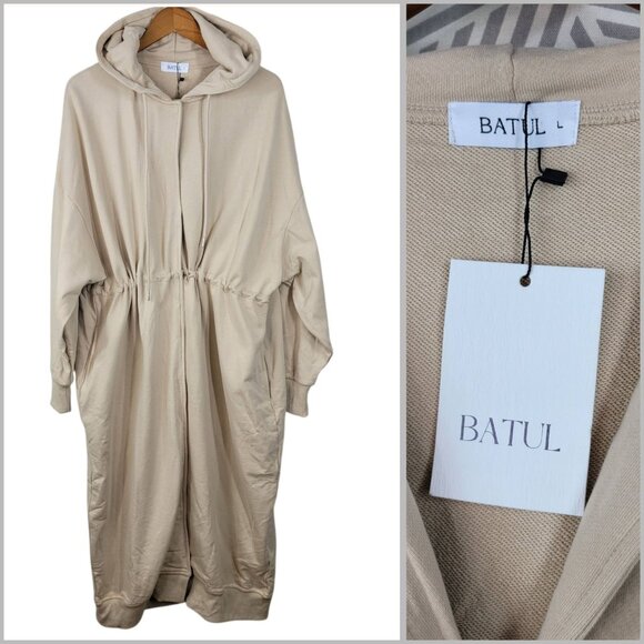 NEW batul Long Trench Hoody Coat Jacket Size Large Modest Beige Tan Cinch Waist - Picture 1 of 13